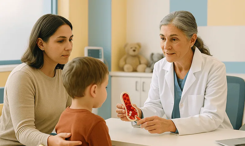 Pediatric hematologist explaining blood cell types to a young patient and parent.