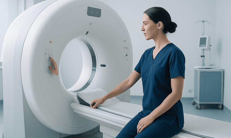 Medical professional preparing for a CT scan in a hospital setting.
