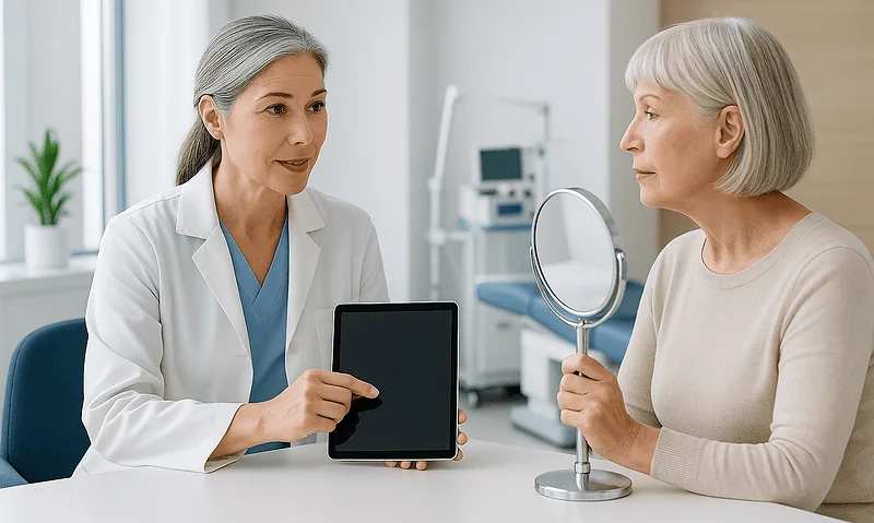 Doctor explaining chin aesthetic options to an elderly woman with mirror.