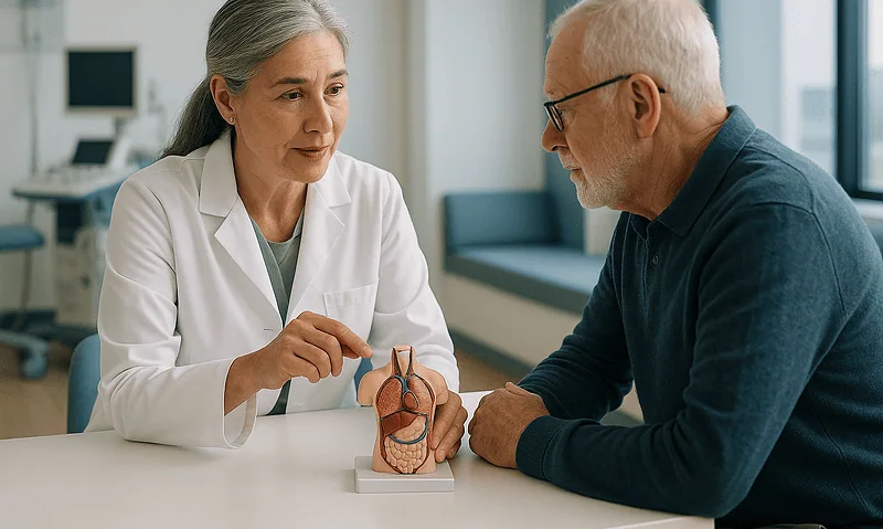 Doctor explaining liver anatomy to a patient in a medical consultation.
