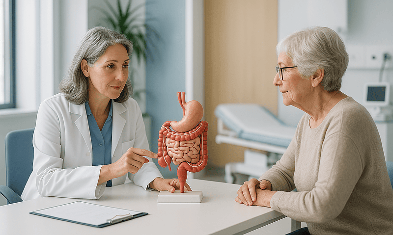Doctor explaining digestive system to elderly patient in clinic.