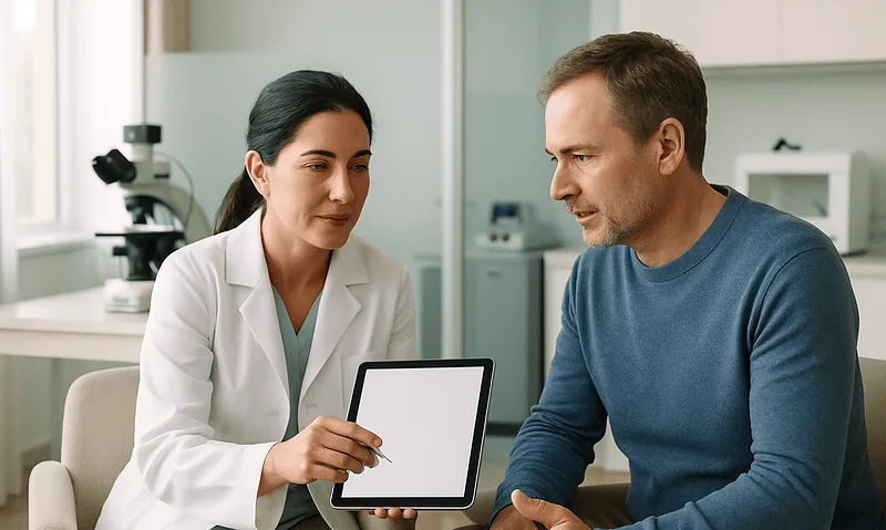 Doctor consulting with patient about pregnancy health in a clinic setting.