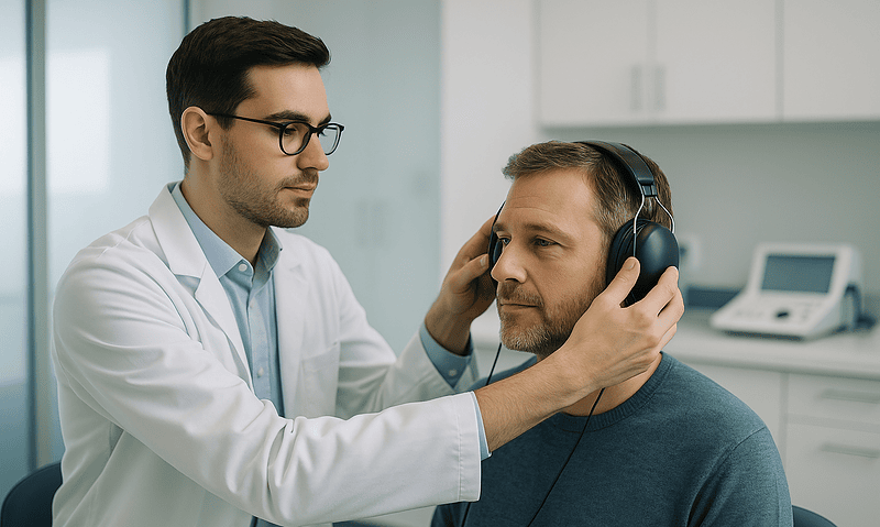 ENT specialist examines patient's ear with headphones in a clinical setting.