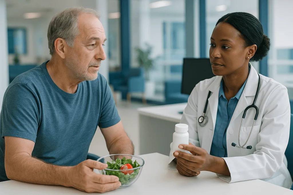 Doctor consulting patient about diet and medication management: Cholesterol and statins: what changes inside the artery wall