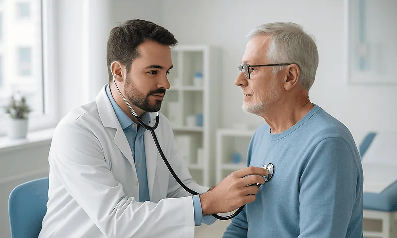 Doctor examining senior patient with stethoscope in clinic.