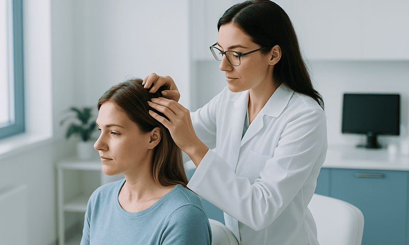 Doctor examining patient's scalp in a medical consultation room.