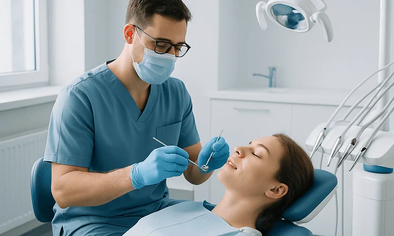 Dentist performing dental procedure on a patient in a modern clinic.
