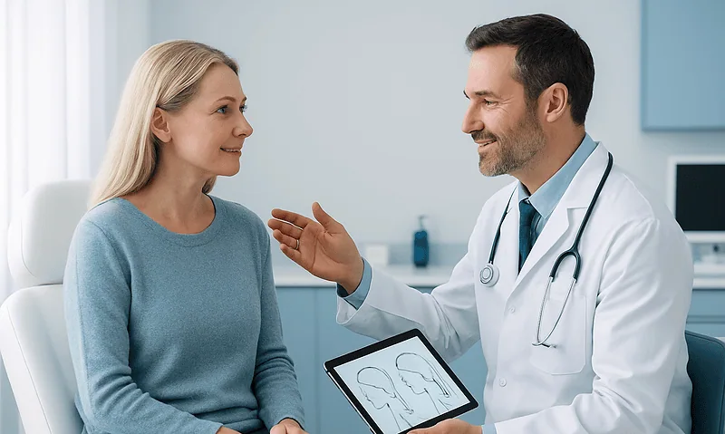 Doctor consulting with a female patient in a modern clinic setting.