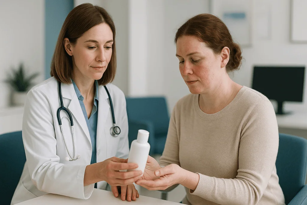Doctor consulting patient about skincare product in clinic: Choosing a gentle cleanser for rosacea