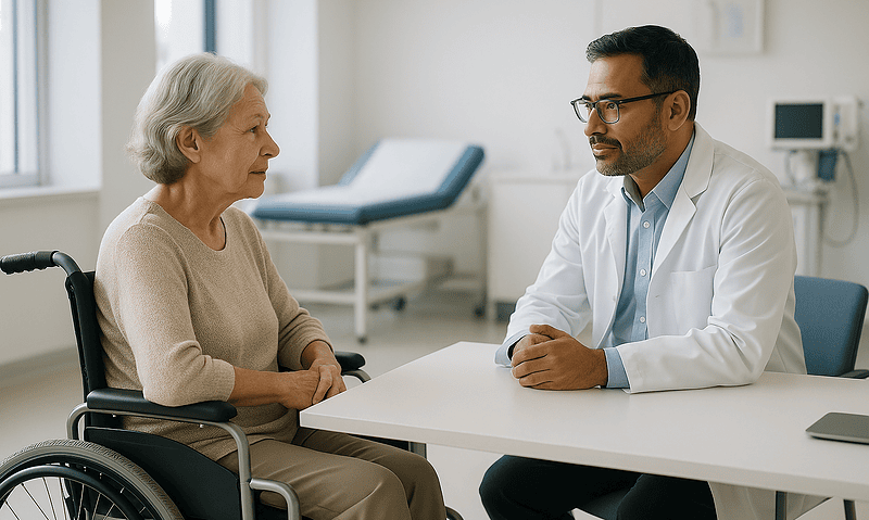 Doctor consulting elderly woman in hospital room with wheelchair.