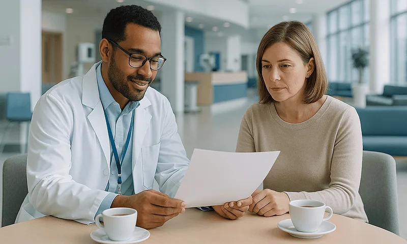 Doctor consulting with a patient in a modern hospital lobby.