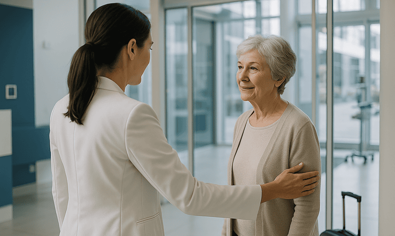 Compassionate healthcare professional greeting an elderly patient at hospital entrance.