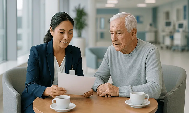 Doctor consulting with elderly patient in hospital setting.