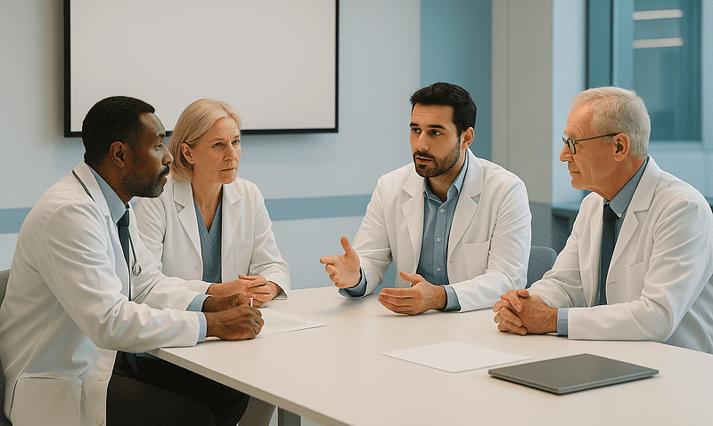 Medical team discussing patient care in a hospital conference room.