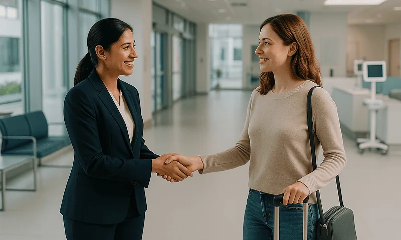 Two women shaking hands at an airport, smiling, with luggage and medical equipment in background.