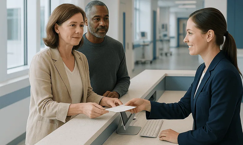 Hospital reception desk with staff assisting patients in a modern facility.