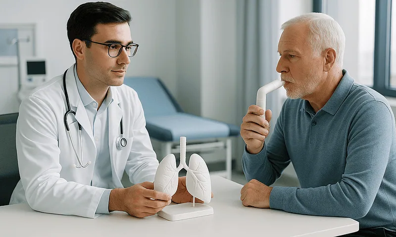 Doctor explaining lung model to patient in a medical consultation room.
