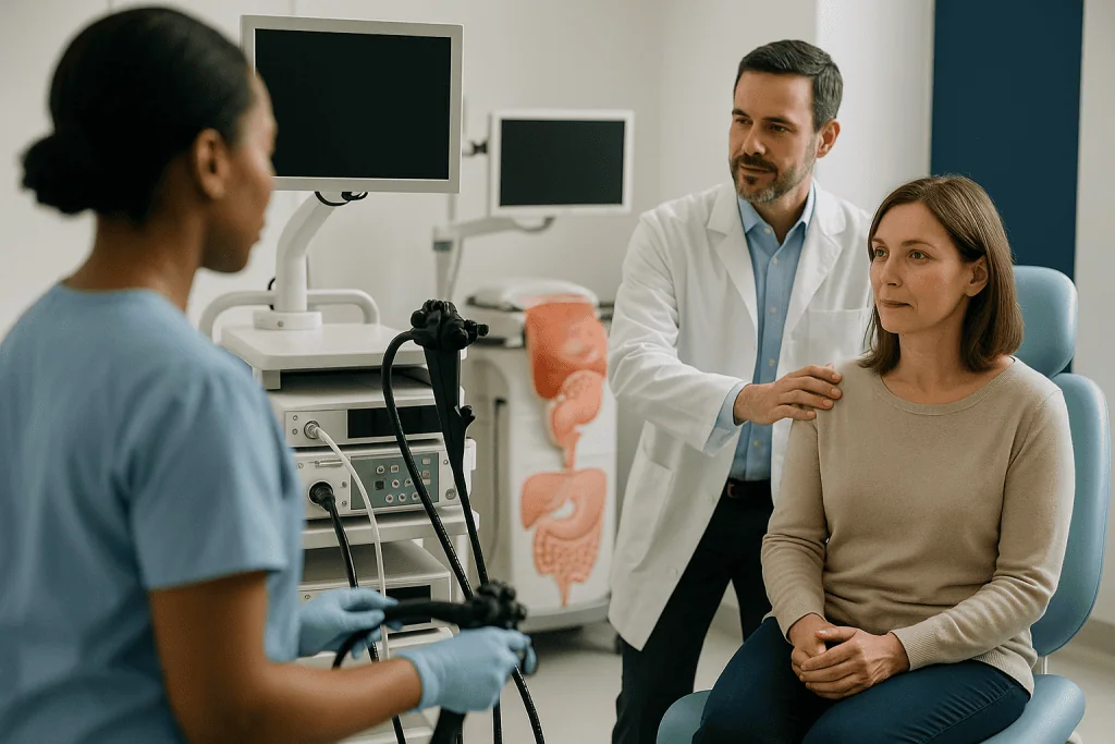 Chronic Constipation 1 Doctor consulting female patient about digestive health in clinic.