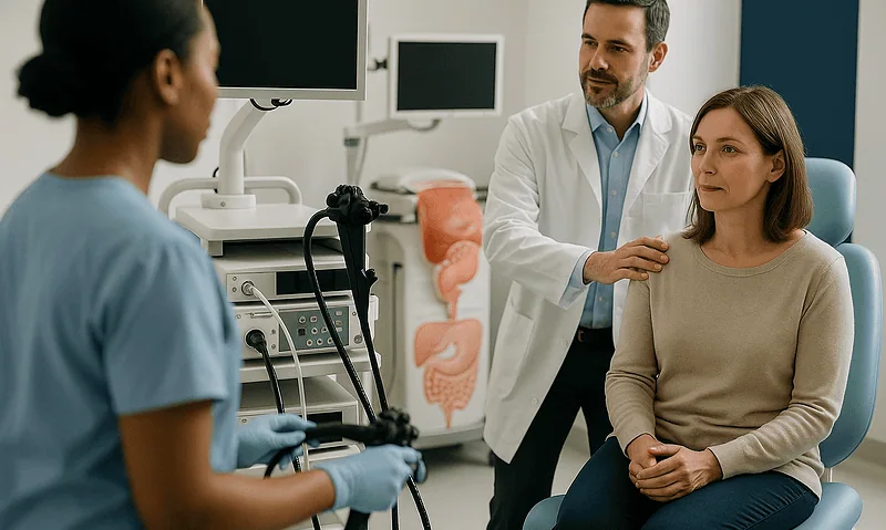 Doctor consulting female patient about digestive health in clinic.