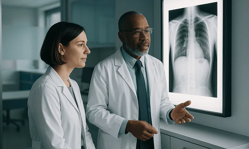 Doctors analyzing a chest X-ray in a hospital setting.