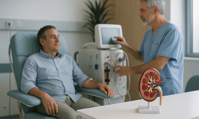 Doctor explaining kidney health to patient in a medical consultation.