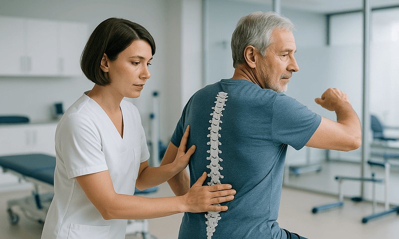 Chiropractor examining a patient's back in a medical clinic.