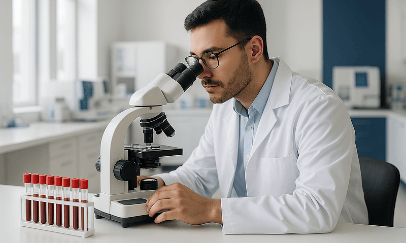 Researcher examining blood samples with a microscope at Acibadem Hospital.