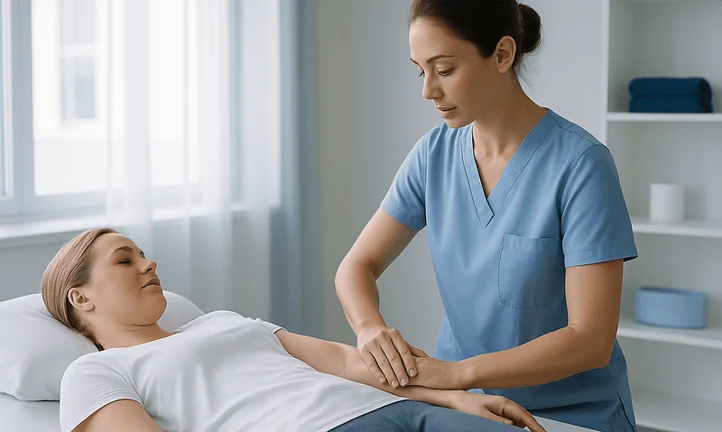 Nurse examining a patient in a hospital room for health assessment.