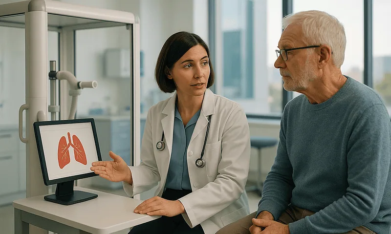 Doctor explaining lung health to senior patient in medical consultation room.