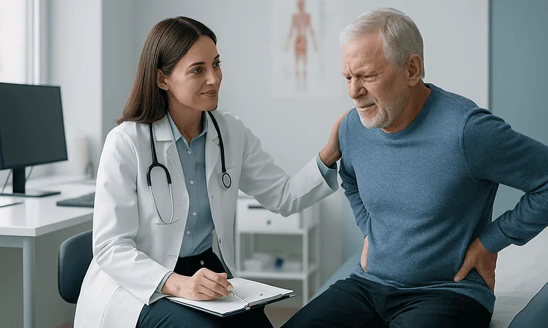 Doctor consulting with an elderly patient about chronic pain management.