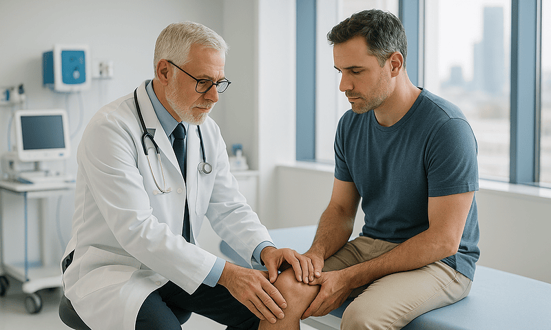 Doctor examining patient's knee in a modern hospital setting.