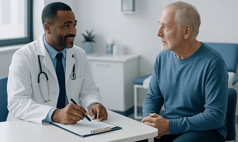 Doctor consulting with an older male patient in a medical office.