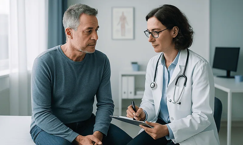 Doctor consulting with male patient in a medical office setting.