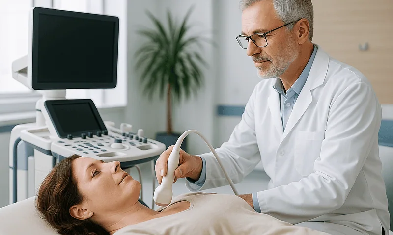 Doctor performing an ultrasound examination on a patient in a medical clinic.