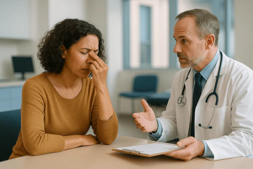 Doctor consulting patient about symptoms in clinical office: Chronic sinusitis symptoms: why 12 weeks is the line specialist