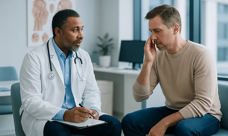 Doctor consulting with patient about sinus issues in a medical office.