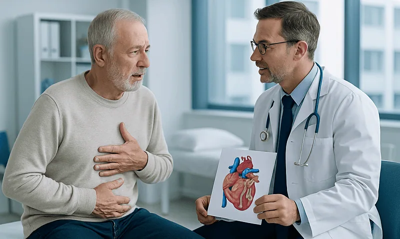 Cardiologist explaining heart health to an elderly patient with heart diagram.