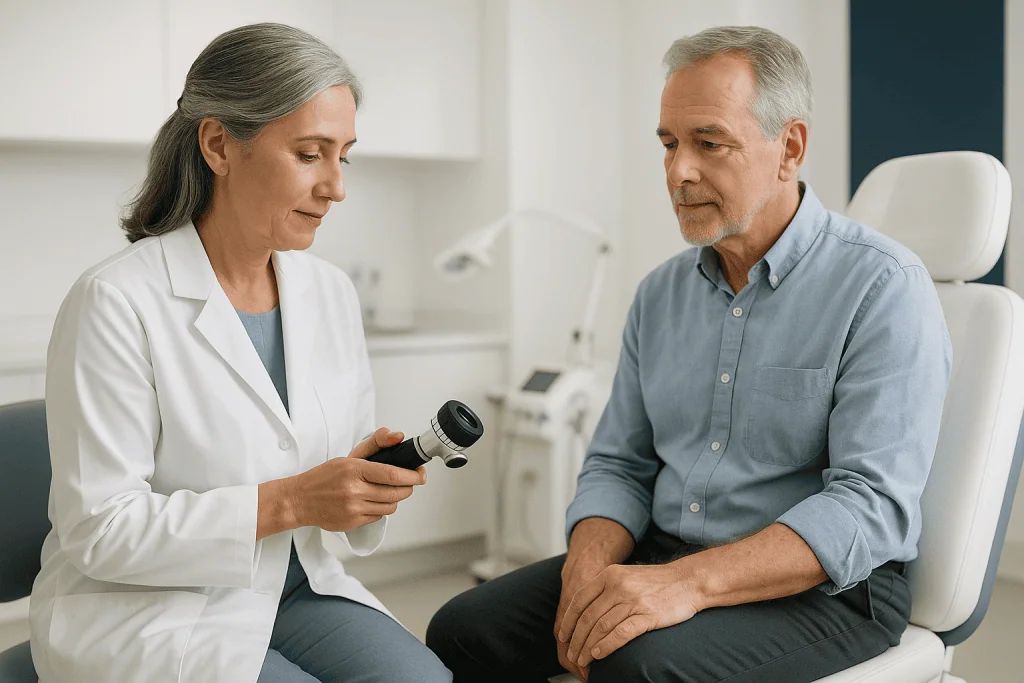Chronic Urticaria 1 Doctor examining a patient with a dermatoscope in a clinical setting.