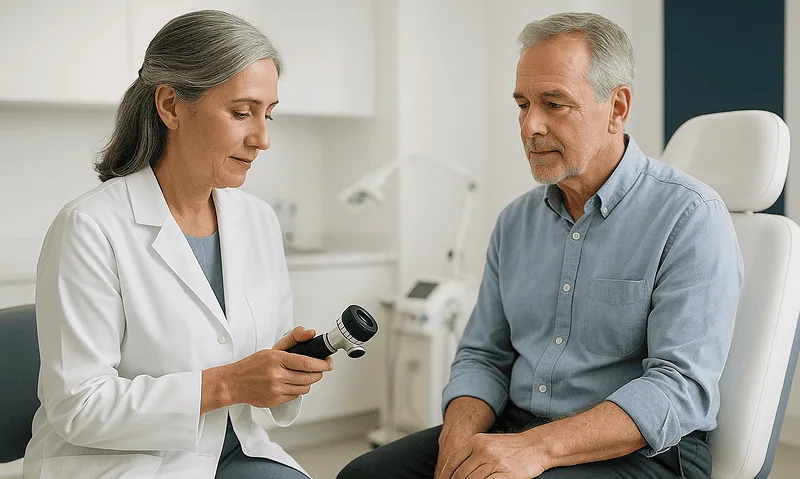 Doctor examining a patient with a dermatoscope in a clinical setting.