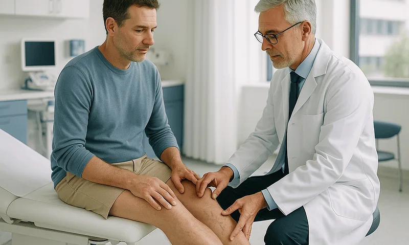 Doctor examining patient's leg for venous issues at Acibadem Hospital.