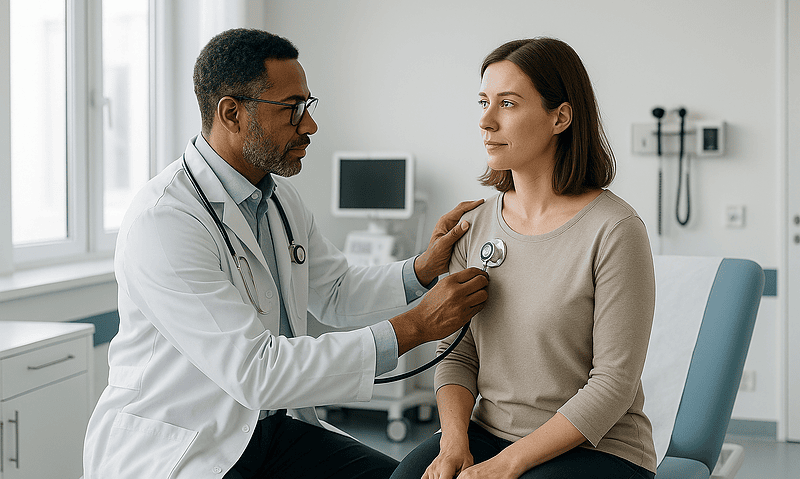 Doctor examining a female patient in a hospital consultation room.