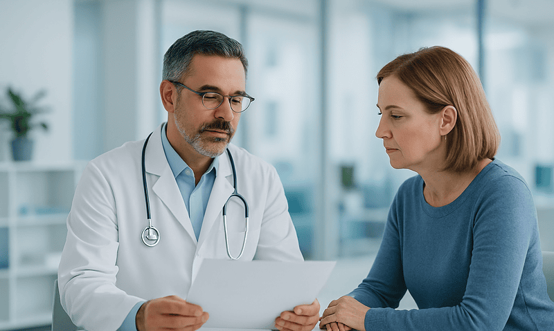 Doctor consulting with a patient about wound care in a modern clinic.