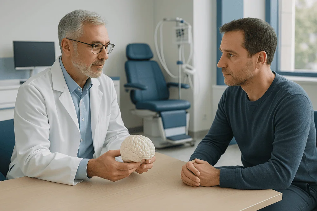 CIDP Treatment 1 Doctor explaining brain health to patient in a medical consultation.
