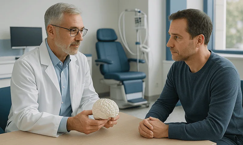 Doctor explaining brain health to patient in a medical consultation.