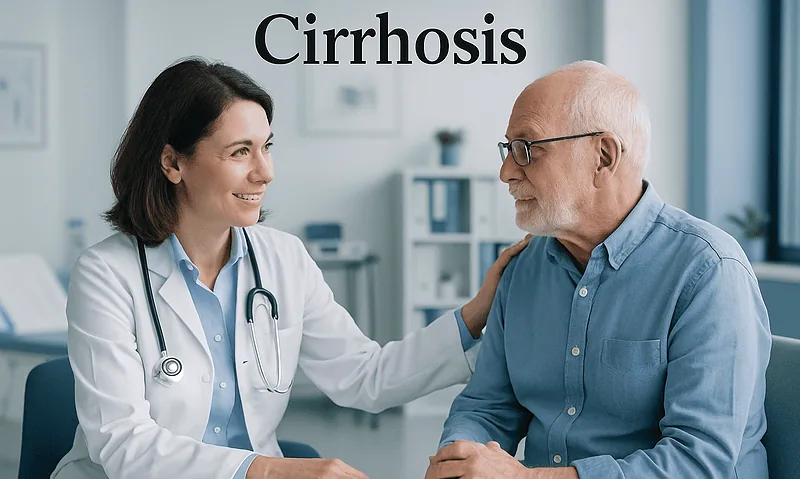 Doctor consulting with an elderly male patient about cirrhosis treatment.