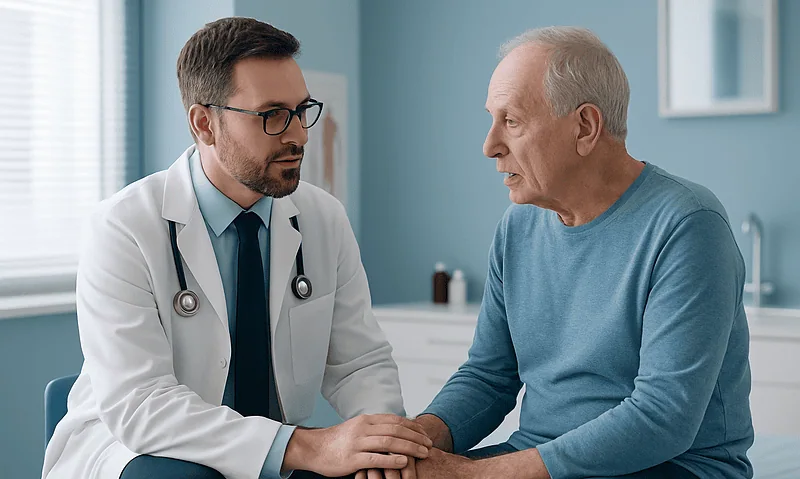 Doctor consulting with elderly patient in a medical office.