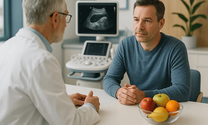 Doctor discussing liver ultrasound results with patient in a medical consultation.
