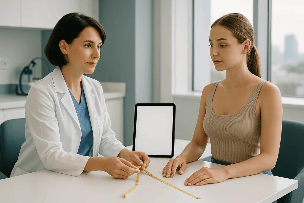 Doctor measuring patient's waist for liposuction consultation at Acibadem Hospital.