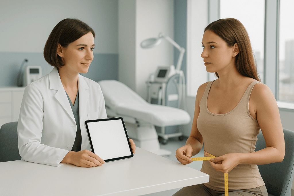 Consultation between doctor and patient in a medical clinic setting.