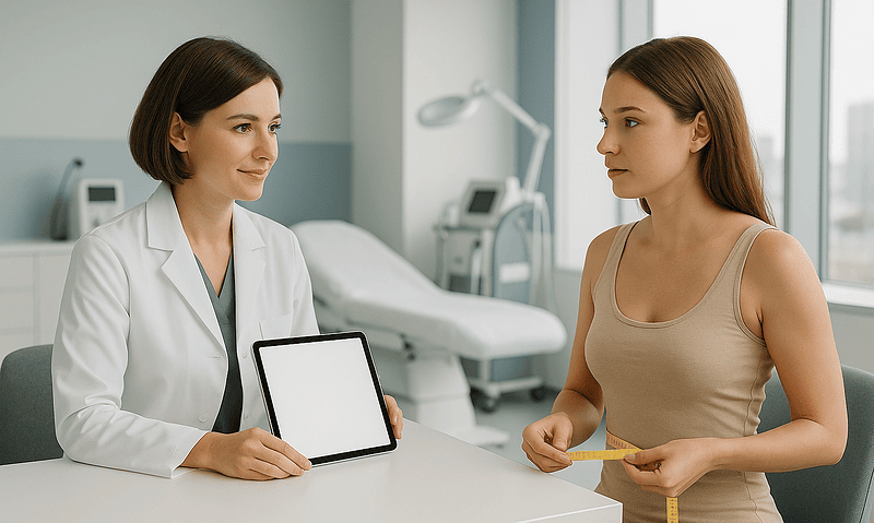 Consultation between doctor and patient in a medical clinic setting.